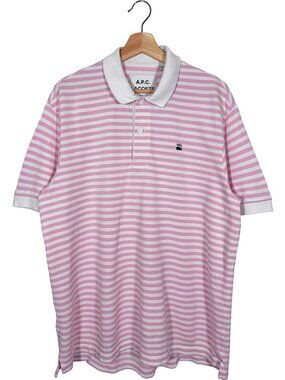A.P.C. x Lacoste Pink Striped Short Sleeve Pique Knit Polo Shirt men's size L